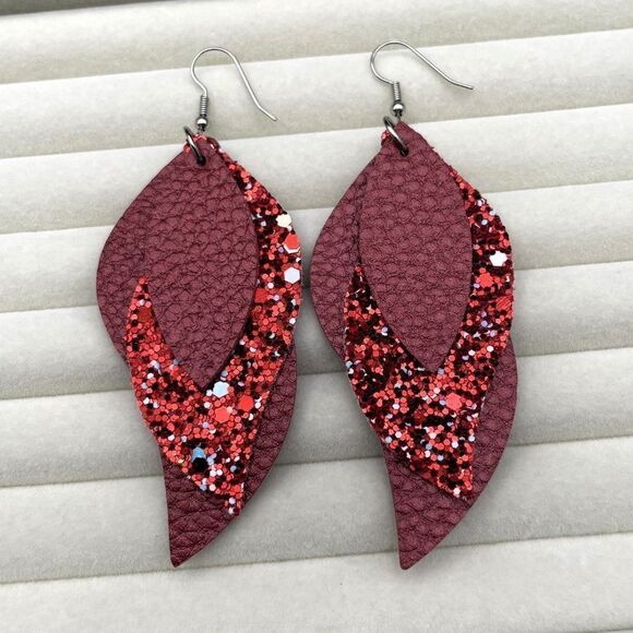 Red Faux Leather with Sequin Layered Leaf 316L Stainless Steel Hook Earrings - Picture 3 of 10